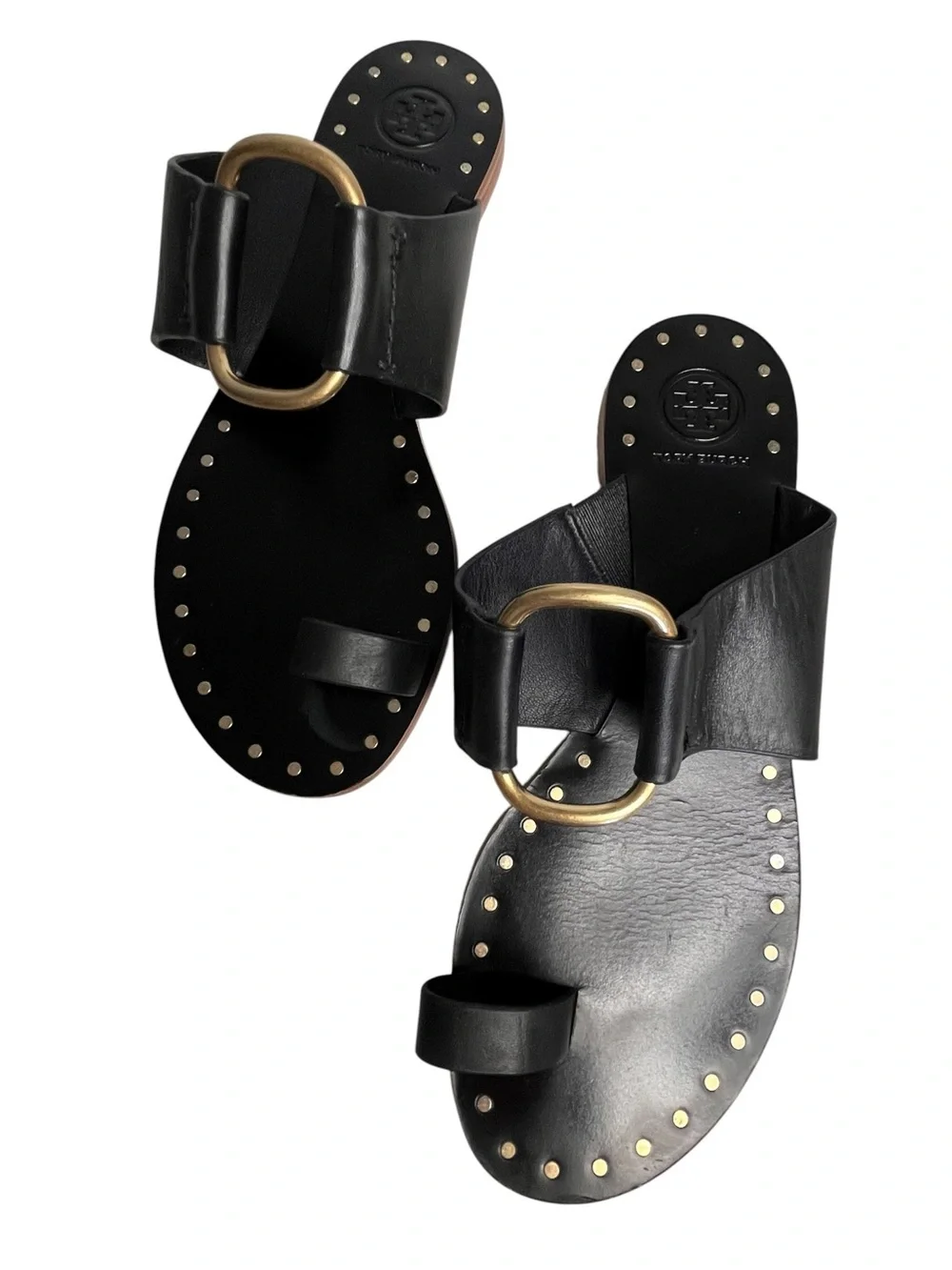Tory Burch Ravello Black Leather Toe Ring Gold-Tone Studded Sandals Sz 8